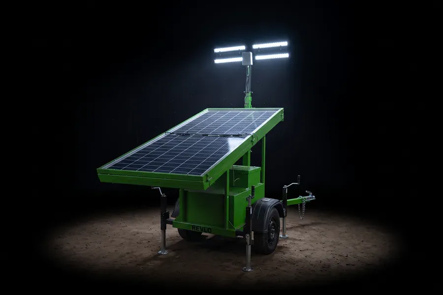 Torre de iluminação solar ECO 300 com placas fotovoltaicas e refletores acesos
