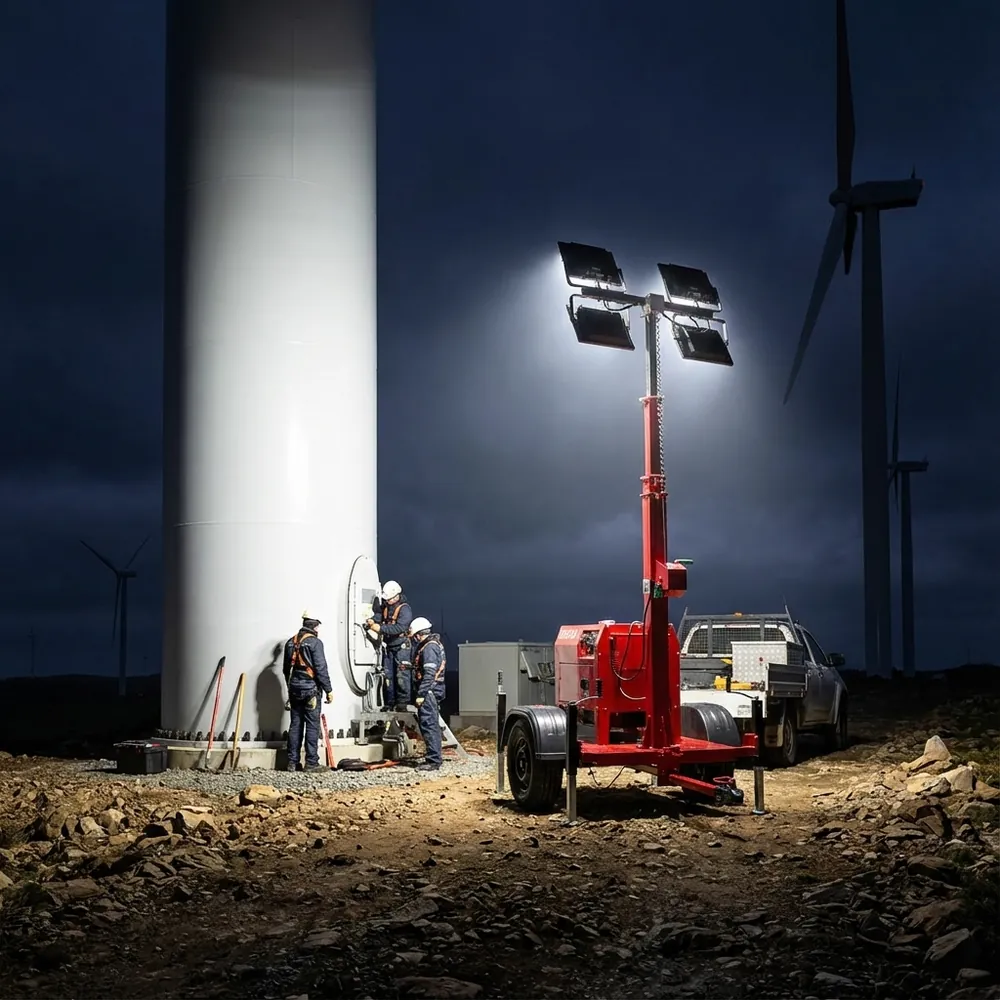 Torre de iluminação acesa em obra noturna