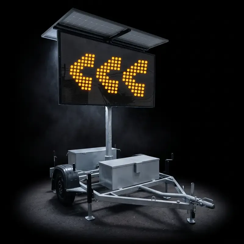 Painel de seta indicativa móvel com setas de LED acesas sobre reboque