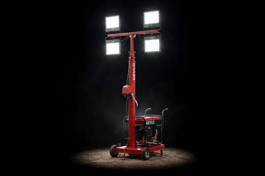 Torre de iluminação portátil RV 2400 acesa sobre fundo escuro