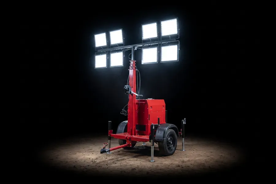Torre de iluminação RV 4800 com mastro estendido e refletores acesos