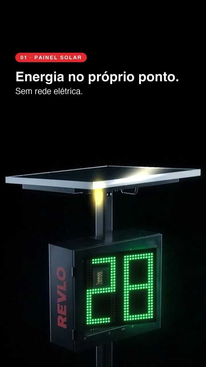 Capa do vídeo: lombada eletrônica Revlo com painel solar e display de LED mostrando 28